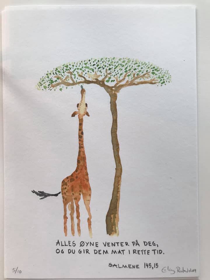 Bilde av Erlings tegning av en giraff som spiser av et tre