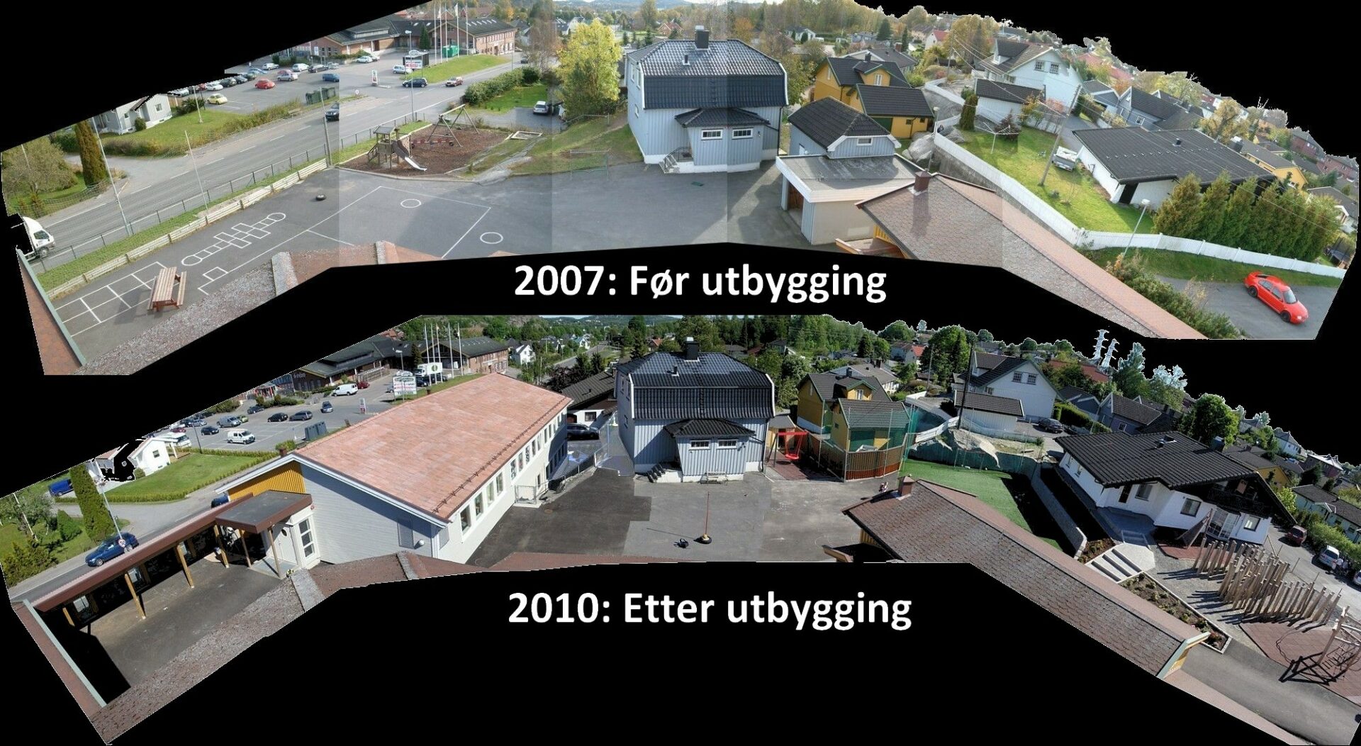 Øverst (2007): Moeområdet før utbygging. Nederst (2010): Nytt toetasjers skolebygg, integrert tyrolerhus og utvidet skolegård. 