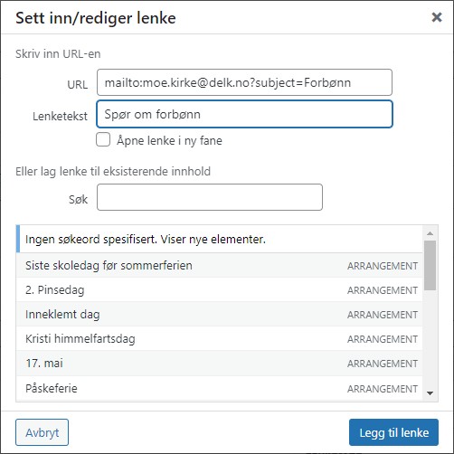 Skjermbilde av utfylt lenkeknapperfelt