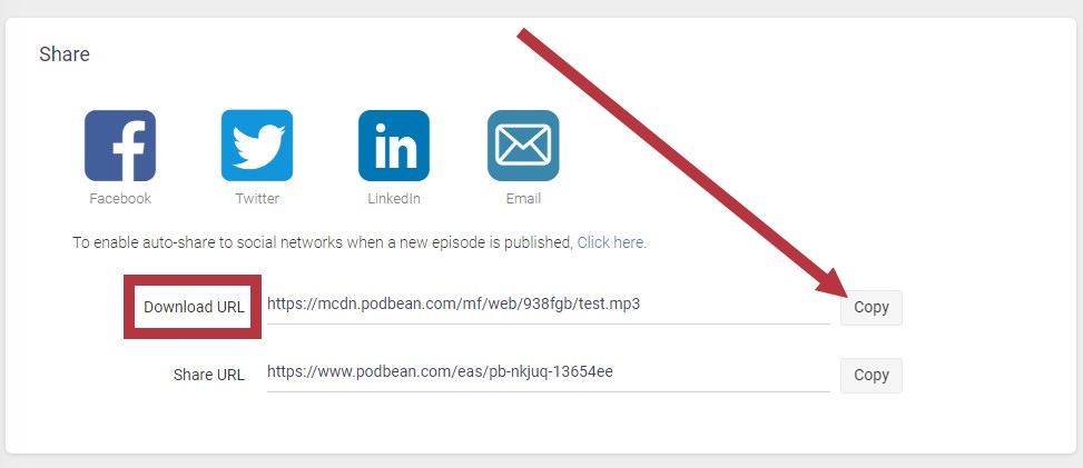 Skjermdump fra Podbean med pil til Download URL.