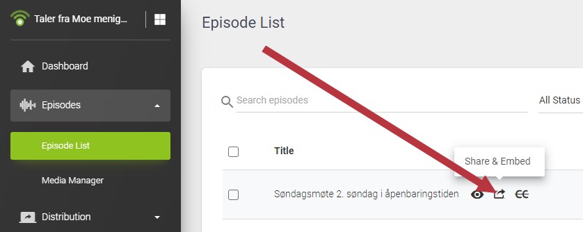 Skjermdump fra Podbean med pil til delesymbolet.