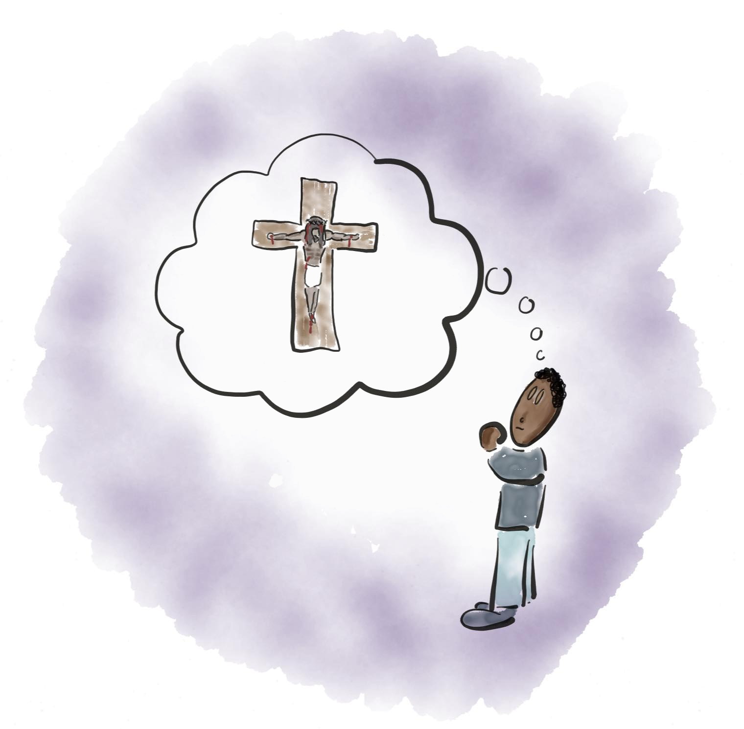 Tegning av person med Jesus på korset i en tenkeboble