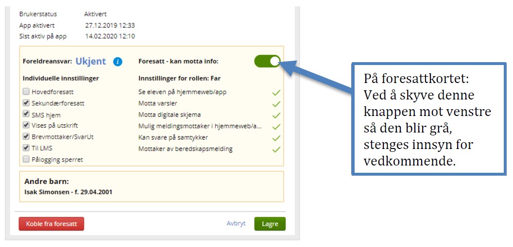 Skjermdump av kontaktkort for foresatte i VFS.