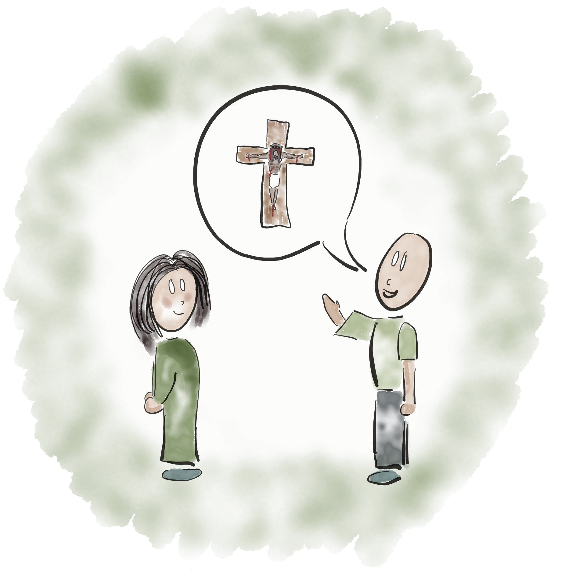 Tegning av to personer. En snakkeboble med Jesus på korset peker mot den ene personen.