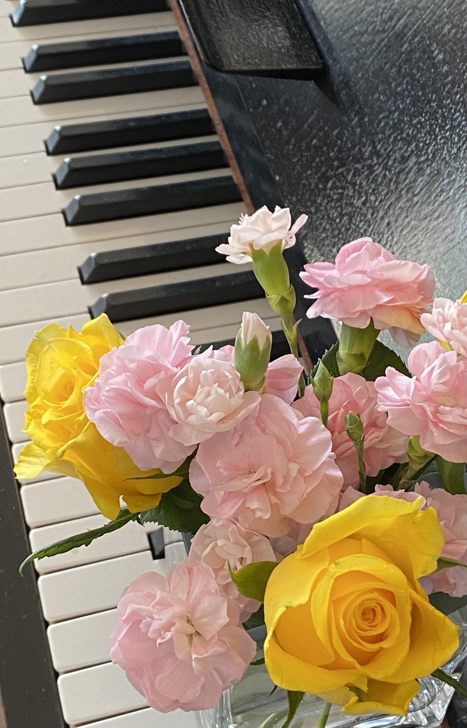 Gule roser og rosa nelliker foran tangenter