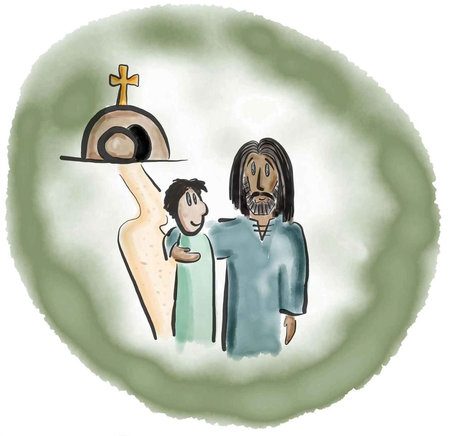 Tegning av en gutt som går i armkroken til Jesus ut av graven.