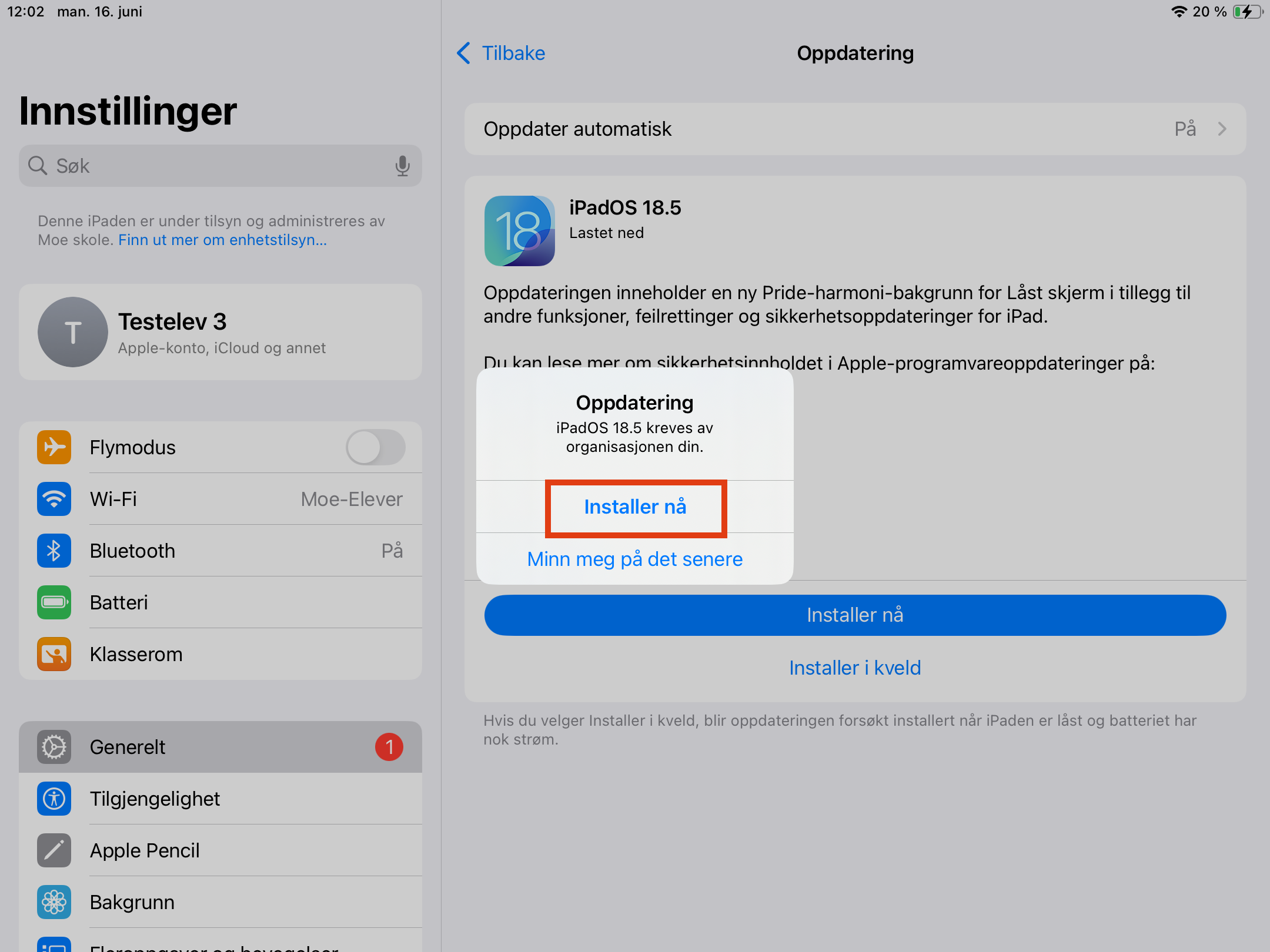 Skjermdump fra iPad som sier "Installer nå"