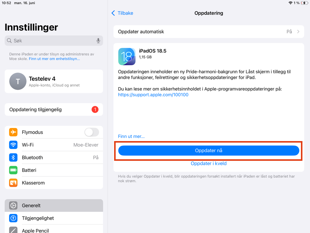 Skjermdump fra iPad som sier "Oppdater nå".