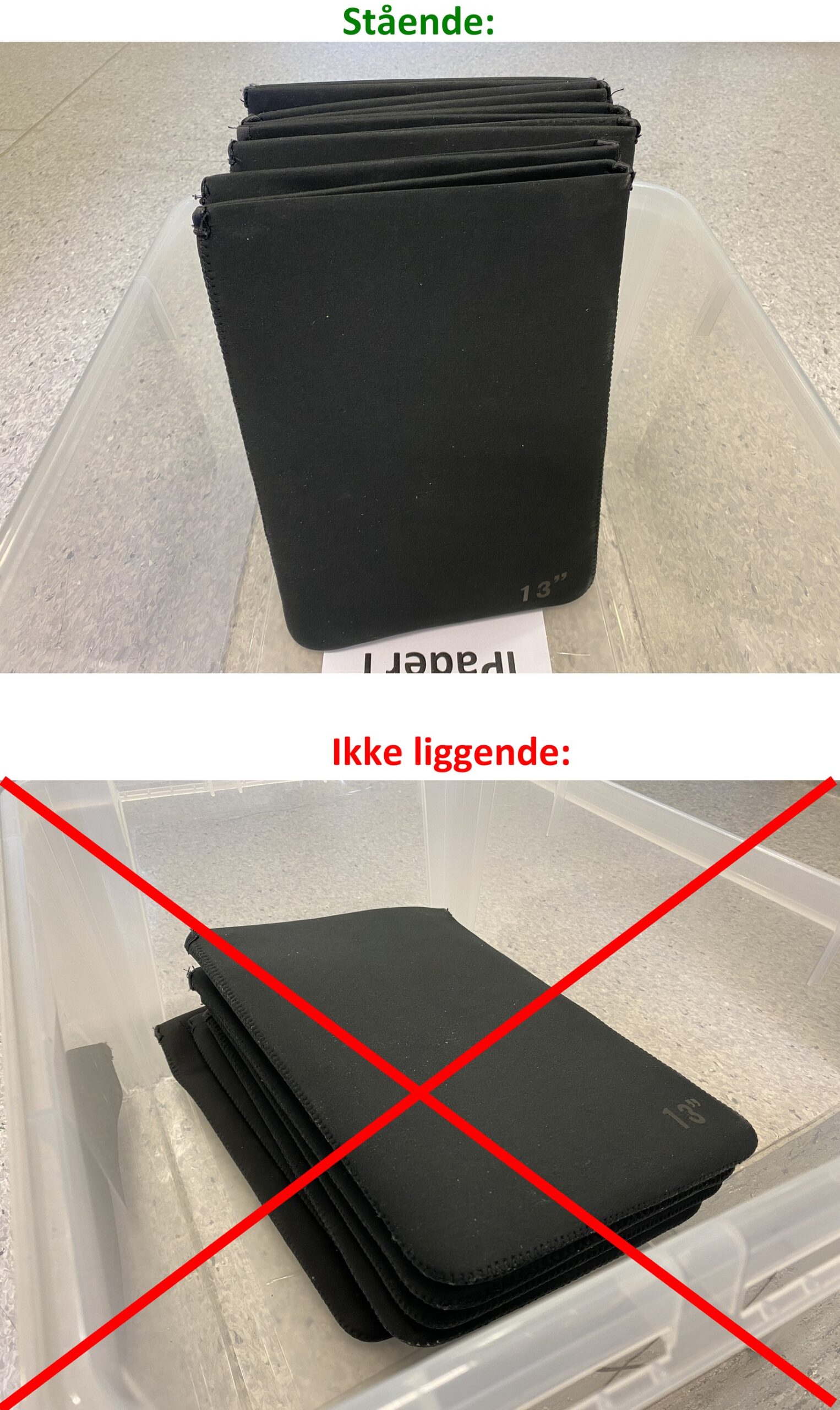 Riktig og galt-bilde av iPad-plassering i oppbevaringskassene.