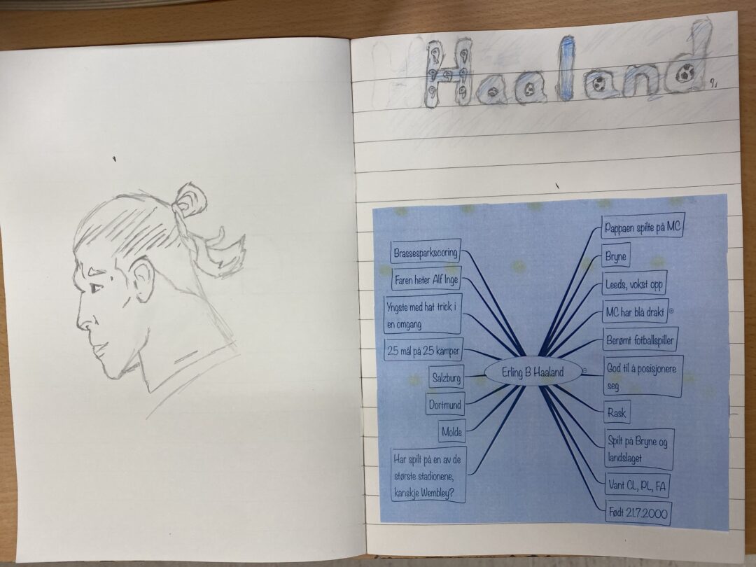 Bilde av elev-arbeidsbok med tegning og tekst om Erling B. Haaland.