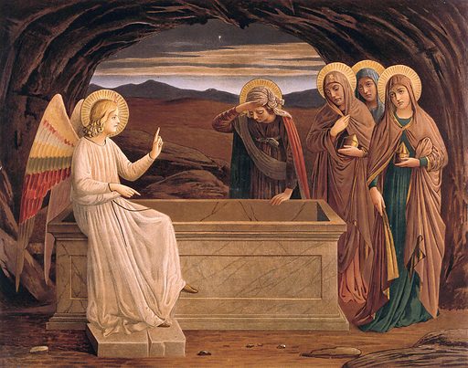 The women at the grave of Christ: anangel tells them that he is risen. Colour lithograph by M. and N. Hanhart after J.E. Goodall after Fra Angelico. Bible. N.T. Matthew 28.1; Mark 16.1-3; Luke 24.1. The three Marys at the sepulchre of Christ. Two of them carry jars of embalming spice. Jesus Christ Burial. Contributors: Angelico, fra (approximately 1400-1455); John Edward. Goodall; Michael Hanhart (active 1870-1882); N. Hanhart. Work ID: bbt77j6z.