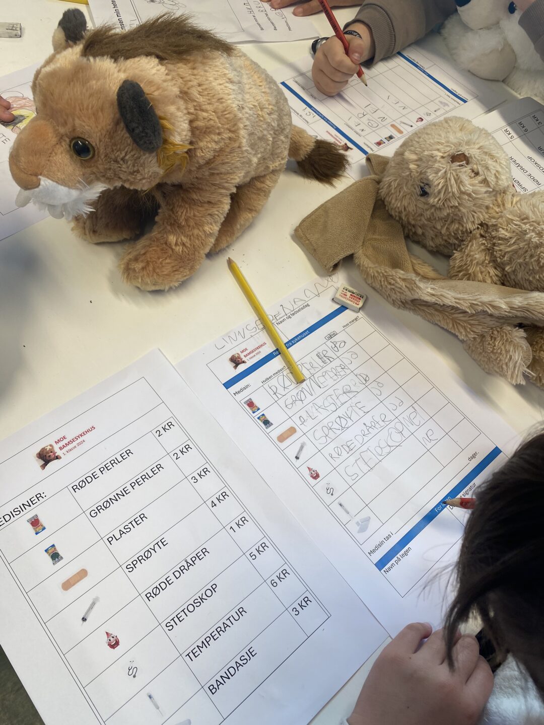 Bilde av medisinliste og epikrise på bamsesykehus i 1. klasse.