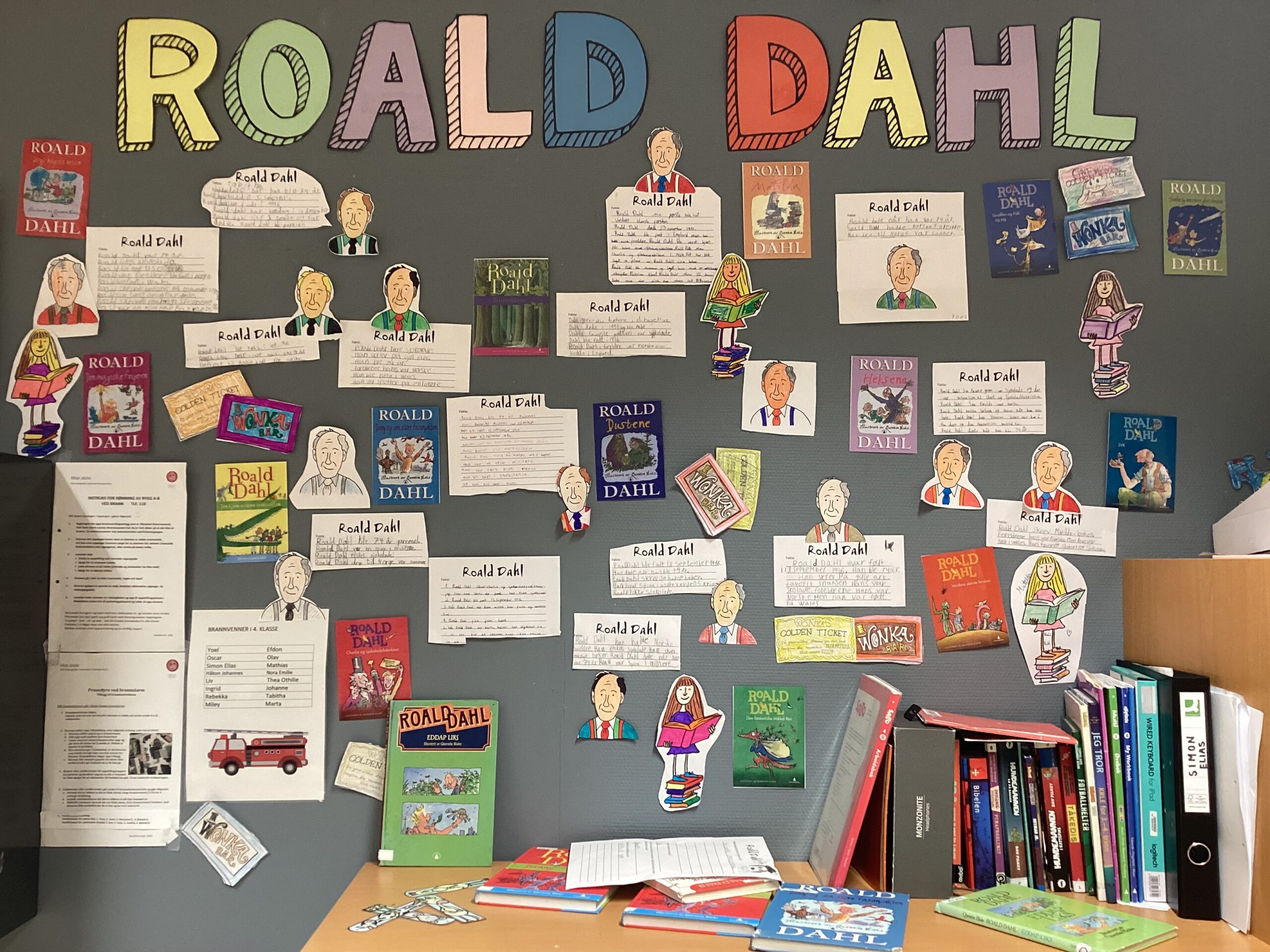 Bilde av vegg med Roald Dahl-oppslag.