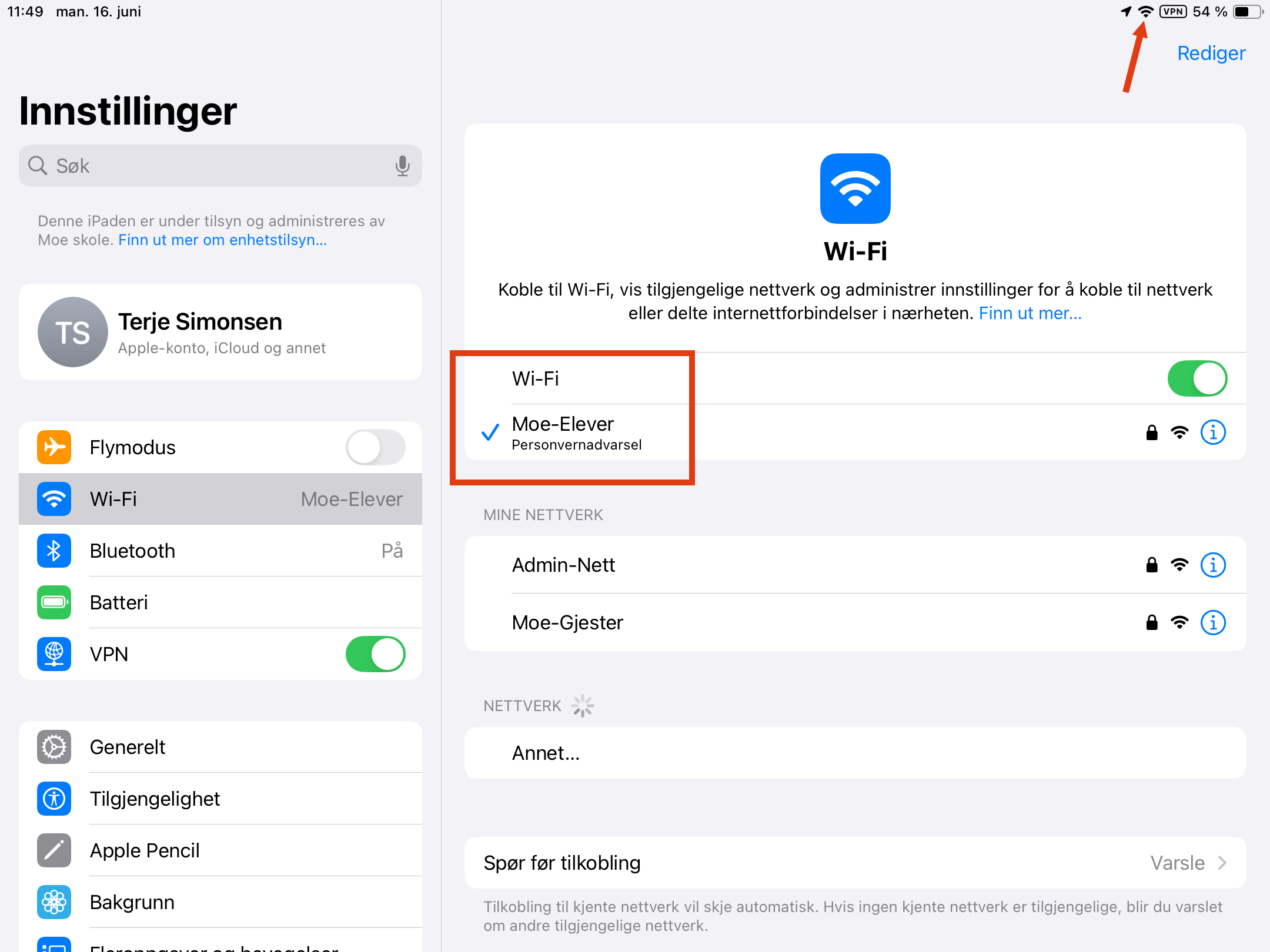 Skjermdump fra iPAd som viser hvilket Wi-Fi enheten er tilkoplet.