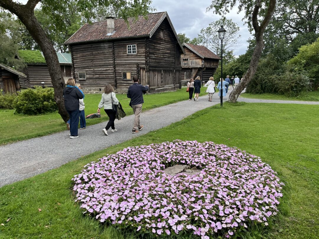Bilde fra Brekkeparken med rosa blomster i forgrunnen.