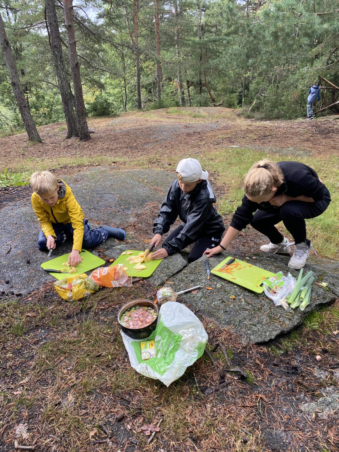 Bilder av tre elever som lager grønnsakssuppe ute på tur.
