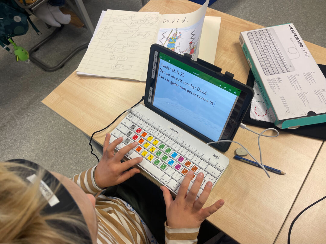 Bilde av elev som skriver på iPad (eget tastatur) om David.