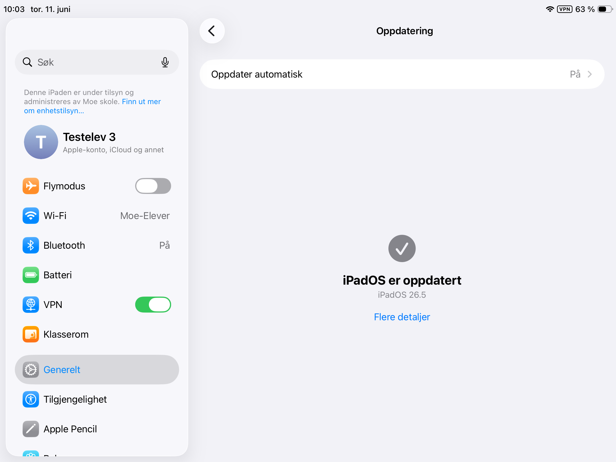 Skjermdump fra iPad med beskjed om at iPadOS er oppdatert.
